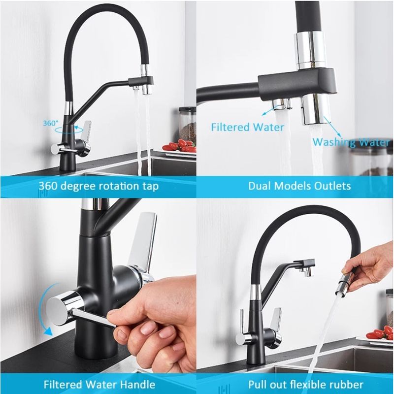 Casa si Gradina - Sanitare - Chiuveta bucatarie si accesorii - Baterii bucatarie - Baterie chiuveta bucatarie, Blackswan, Tip M49 cu iesire pentru apa purificata, model negru/ crom, dimensiune 43 cm - Infinity.ro