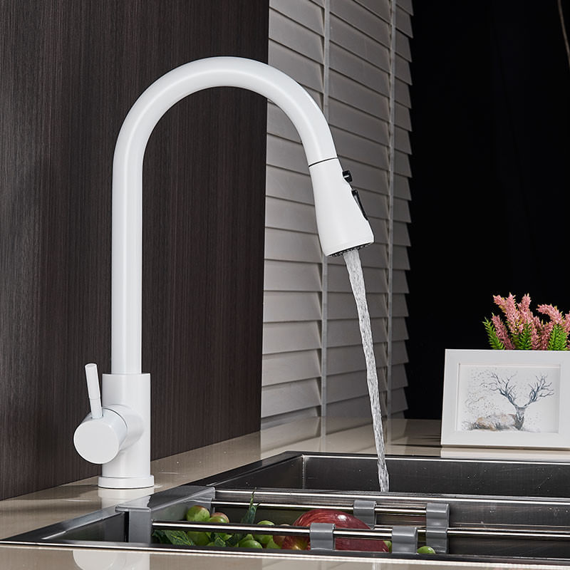 Casa si Gradina - Sanitare - Chiuveta bucatarie si accesorii - Baterii bucatarie - Baterie chiuveta bucatarie, Blackswan, Tip M67 cu 2 moduri si buton Pauza, model alb, dimensiune 39 cm - Infinity.ro