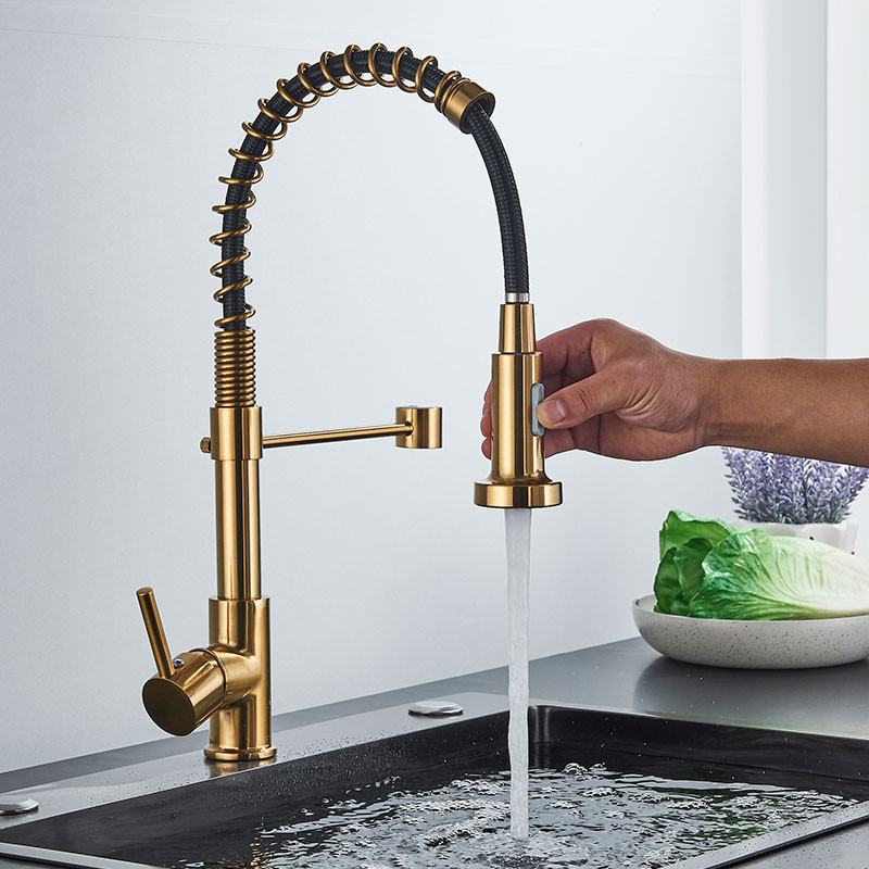 Casa si Gradina - Sanitare - Chiuveta bucatarie si accesorii - Baterii bucatarie - Baterie chiuveta bucatarie, Blackswan, Tip M377 cu 2 moduri, model auriu mat/ negru, dimensiune 44 cm - Infinity.ro