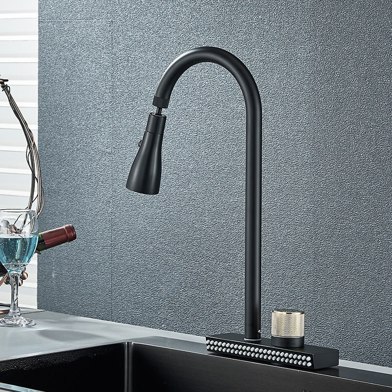 Casa si Gradina - Sanitare - Chiuveta bucatarie si accesorii - Baterii bucatarie - Baterie chiuveta bucatarie, Blackswan, Tip M340, model negru cu 4 moduri si pipa rotativa, dimensiune 44 cm - Infinity.ro