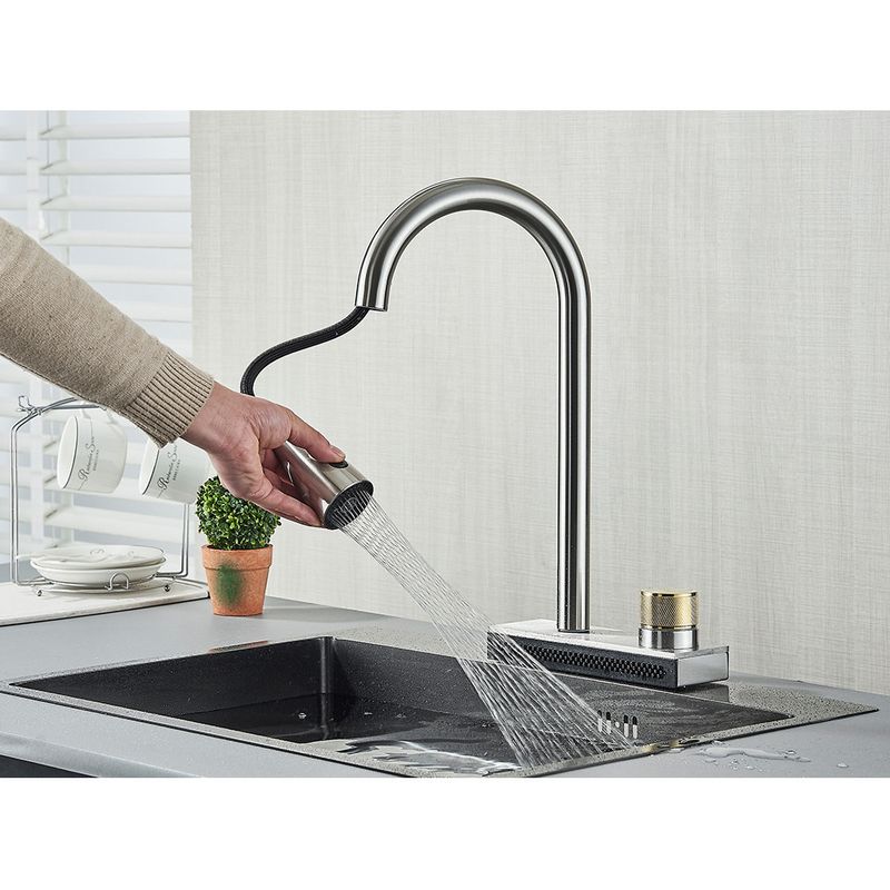 Casa si Gradina - Sanitare - Chiuveta bucatarie si accesorii - Baterii bucatarie - Baterie chiuveta bucatarie, Blackswan, Tip M297, cu 3 moduri si optiune Rainfall, model nichel, dimensiune 41.5 cm - Infinity.ro