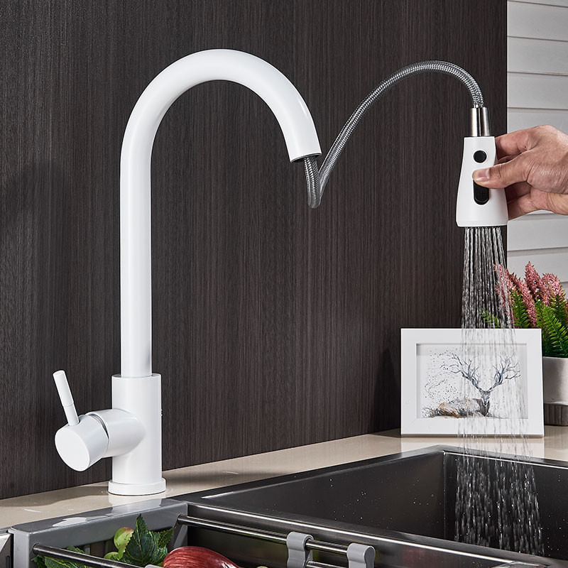 Casa si Gradina - Sanitare - Chiuveta bucatarie si accesorii - Baterii bucatarie - Baterie chiuveta bucatarie, Blackswan, Tip M67 cu 2 moduri si buton Pauza, model alb, dimensiune 39 cm - Infinity.ro