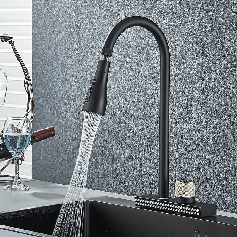 Casa si Gradina - Sanitare - Chiuveta bucatarie si accesorii - Baterii bucatarie - Baterie chiuveta bucatarie, Blackswan, Tip M340, model negru cu 4 moduri si pipa rotativa, dimensiune 44 cm - Infinity.ro