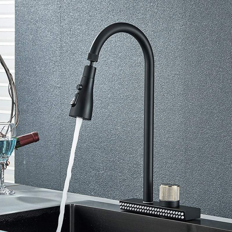 Casa si Gradina - Sanitare - Chiuveta bucatarie si accesorii - Baterii bucatarie - Baterie chiuveta bucatarie, Blackswan, Tip M340, model negru cu 4 moduri si pipa rotativa, dimensiune 44 cm - Infinity.ro