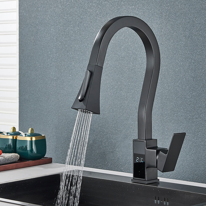 Casa si Gradina - Sanitare - Chiuveta bucatarie si accesorii - Baterii bucatarie - Baterie chiuveta bucatarie, Blackswan, Tip M268, cu afisaj LCD si 2 moduri, model negru tip lebada, dimensiune 45 cm - Infinity.ro