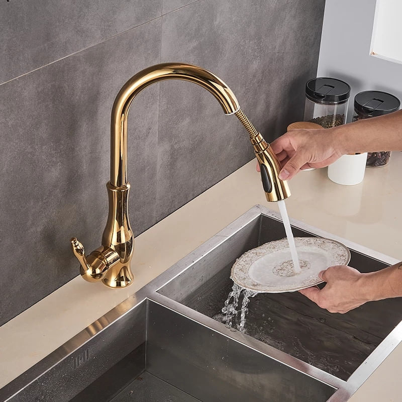 Casa si Gradina - Sanitare - Chiuveta bucatarie si accesorii - Baterii bucatarie - Baterie chiuveta bucatarie, Blackswan, Tip M91 cu 2 moduri, model auriu lucios, dimensiune 42 cm - Infinity.ro