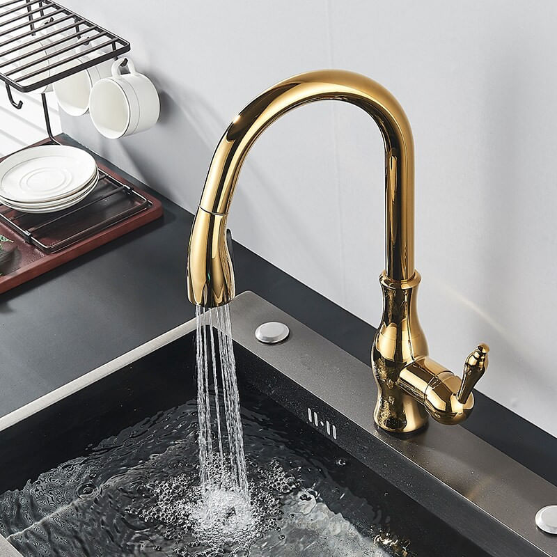 Casa si Gradina - Sanitare - Chiuveta bucatarie si accesorii - Baterii bucatarie - Baterie chiuveta bucatarie, Blackswan, Tip M91 cu 2 moduri, model auriu lucios, dimensiune 42 cm - Infinity.ro
