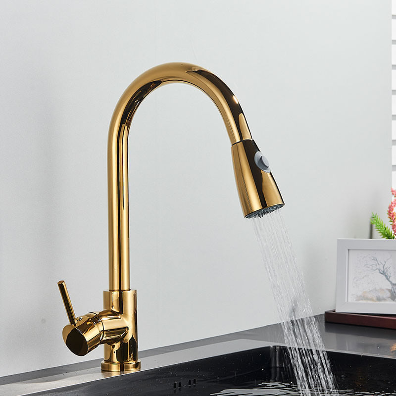Casa si Gradina - Sanitare - Chiuveta bucatarie si accesorii - Baterii bucatarie - Baterie chiuveta bucatarie, Blackswan, Tip M77 cu 2 moduri, model auriu lucios, dimensiune 40 cm - Infinity.ro