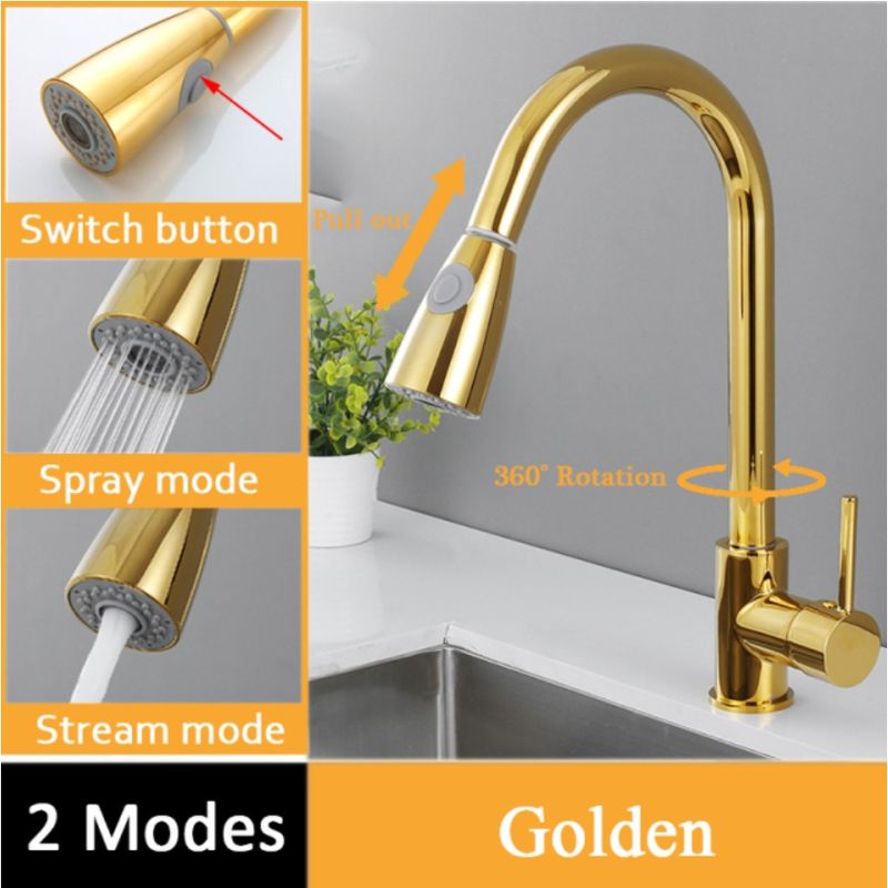 Casa si Gradina - Sanitare - Chiuveta bucatarie si accesorii - Baterii bucatarie - Baterie chiuveta bucatarie, Blackswan, Tip M77 cu 2 moduri, model auriu lucios, dimensiune 40 cm - Infinity.ro