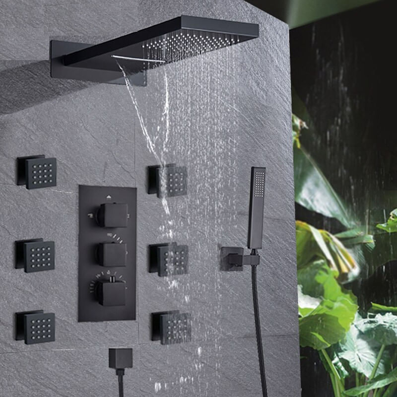 Casa si Gradina - Sanitare - Lavoar baie si accesorii - Baterii sanitare - Set baterie dus cu masaj, Blackswan, Tip M73.32, model negru mat, dimensiune 52 cm - Infinity.ro