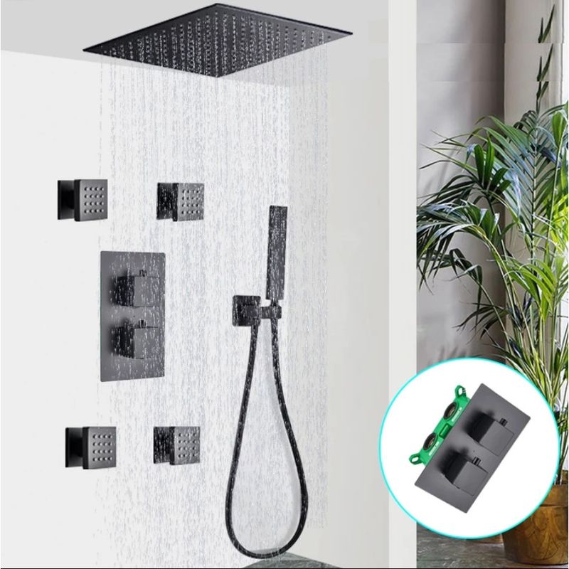 Casa si Gradina - Sanitare - Lavoar baie si accesorii - Baterii sanitare - Set baterie dus, Blackswan, Tip M73.61 Duze masaj, model negru mat, dimensiune 40 cm - Infinity.ro