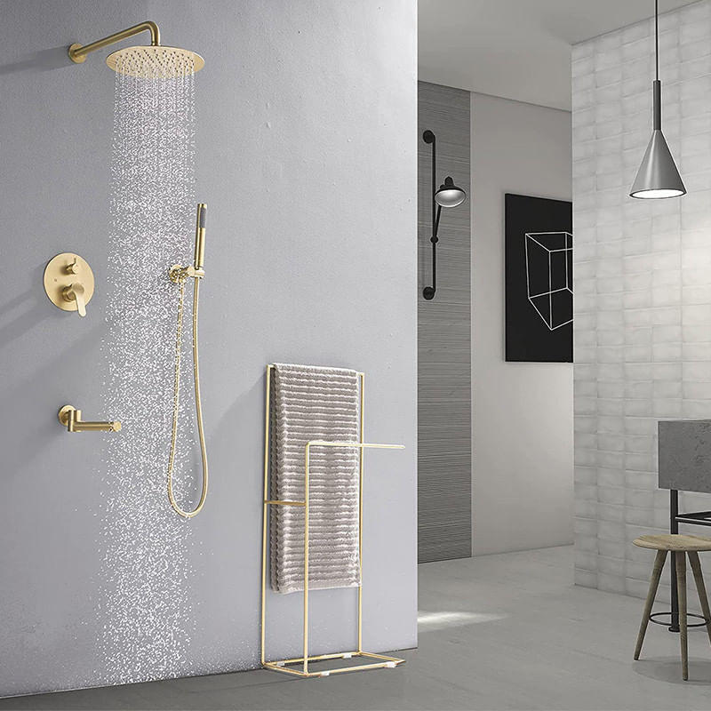 Casa si Gradina - Sanitare - Lavoar baie si accesorii - Baterii sanitare - Set baterie dus, Blackswan, Tip M260, model auriu mat rotund, cu 3 cai si pipa mobila, dimensiune 30 cm - Infinity.ro