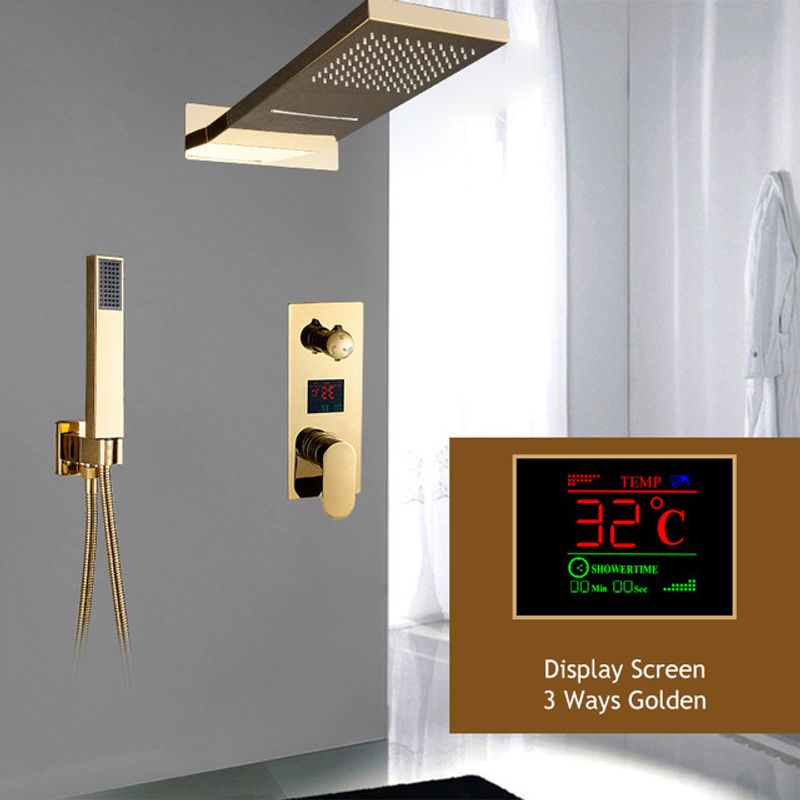 Casa si Gradina - Sanitare - Lavoar baie si accesorii - Baterii sanitare - Set baterie dus, Blackswan, Tip M198, model auriu lucios, 3 cai, display si cap de dus cu 2 moduri, dimensiune 55 cm - Infinity.ro