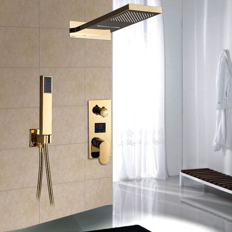 Casa si Gradina - Sanitare - Lavoar baie si accesorii - Baterii sanitare - Set baterie dus, Blackswan, Tip M198, model auriu lucios, 3 cai, display si cap de dus cu 2 moduri, dimensiune 55 cm - Infinity.ro