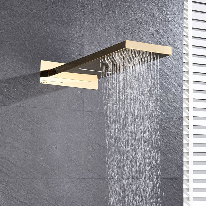 Casa si Gradina - Sanitare - Lavoar baie si accesorii - Baterii sanitare - Set baterie dus, Blackswan, Tip M198, model auriu lucios, 3 cai, display si cap de dus cu 2 moduri, dimensiune 55 cm - Infinity.ro