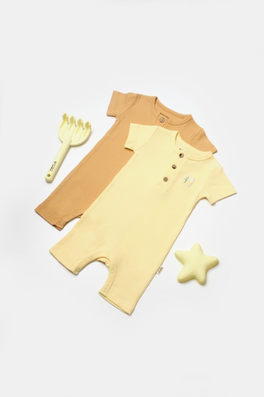 Set 2 salopete scurte Bamboo, galben, BabyCosy, 50%bumbac+50% bambus (Marime: 12-18 Luni)