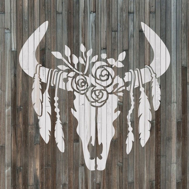 Casa si Gradina - Decoratiuni - DIY - Sabloane decorative pereti - Sablon Perete vopsire, tencuiala 0.7mm Craniu de Vaca cu Pene model MXSP7416, 100 x 100 mm - Infinity.ro