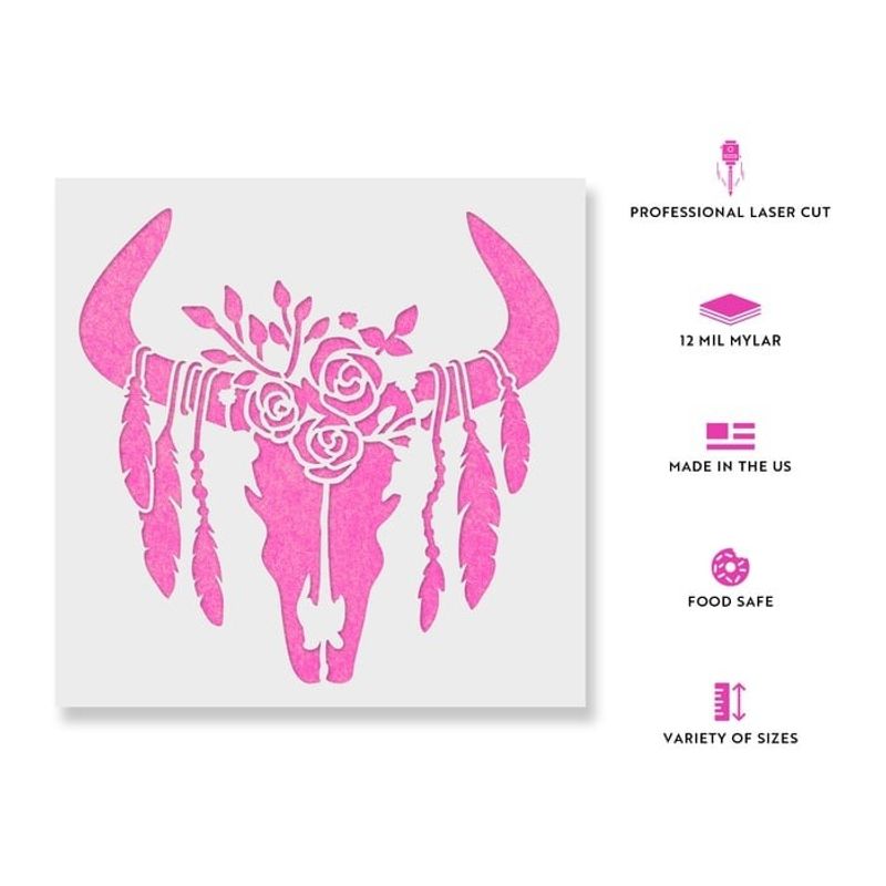 Casa si Gradina - Decoratiuni - DIY - Sabloane decorative pereti - Sablon Perete vopsire, tencuiala 0.7mm Craniu de Vaca cu Pene model MXSP7416, 200 x 200 mm - Infinity.ro