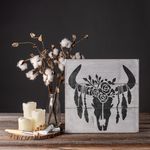 Casa si Gradina - Decoratiuni - DIY - Sabloane decorative pereti - Sablon Perete vopsire, tencuiala 0.7mm Craniu de Vaca cu Pene model MXSP7416, 100 x 100 mm - Infinity.ro