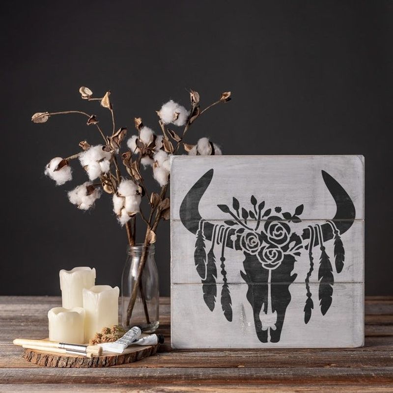 Casa si Gradina - Decoratiuni - DIY - Sabloane decorative pereti - Sablon Perete vopsire, tencuiala 0.7mm Craniu de Vaca cu Pene model MXSP7416, 100 x 100 mm - Infinity.ro