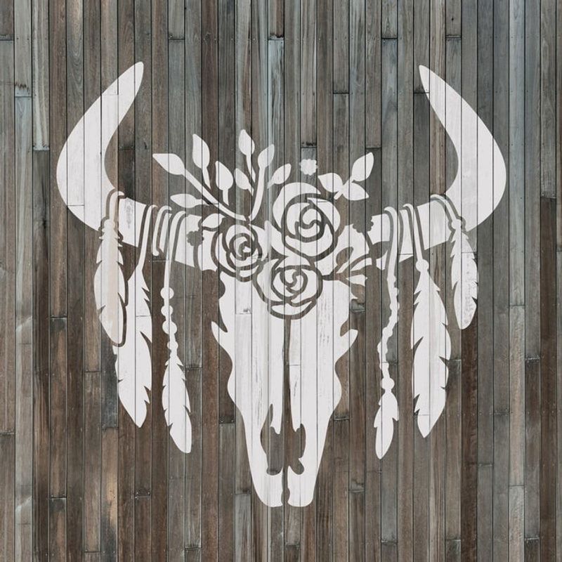 Casa si Gradina - Decoratiuni - DIY - Sabloane decorative pereti - Sablon Perete vopsire, tencuiala 0.7mm Craniu de Vaca cu Pene model MXSP7416, 500 x 500 mm - Infinity.ro