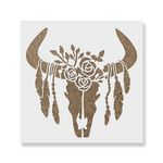 Casa si Gradina - Decoratiuni - DIY - Sabloane decorative pereti - Sablon Perete vopsire, tencuiala 0.7mm Craniu de Vaca cu Pene model MXSP7416, 900 x 900 mm - Infinity.ro
