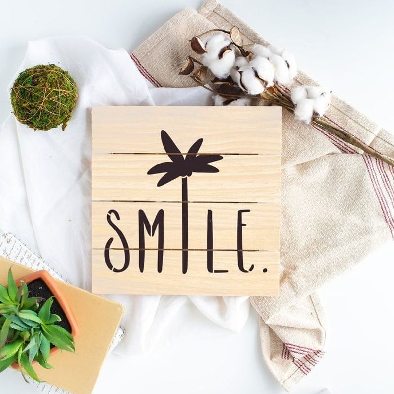 Casa si Gradina - Decoratiuni - DIY - Sabloane decorative pereti - Sablon Perete vopsire, tencuiala 0.7mm Smile Palm Tree Saying Refolosibil, model MXSP7196, 900 x 900 mm - Infinity.ro