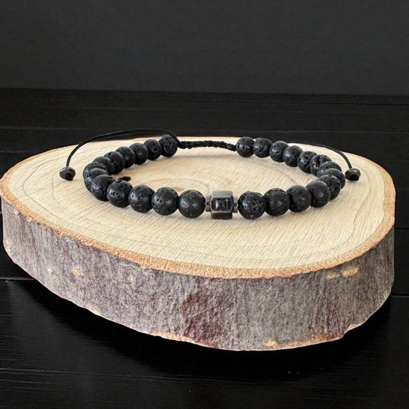 Fashion, accesorii si bijuterii - Barbati - Bijuterii barbati - Bratari barbati - Bratara barbati ajustabila pe snur Cian din pietre de lava cu charm inox - Infinity.ro