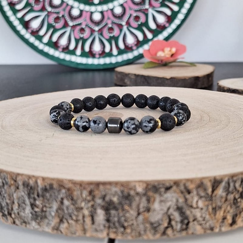 Fashion, accesorii si bijuterii - Barbati - Bijuterii barbati - Bratari barbati - Bratara barbati Jay din Hematit, Snow Flake Obsidian si Piatra de Lava, margele de 8mm - Infinity.ro