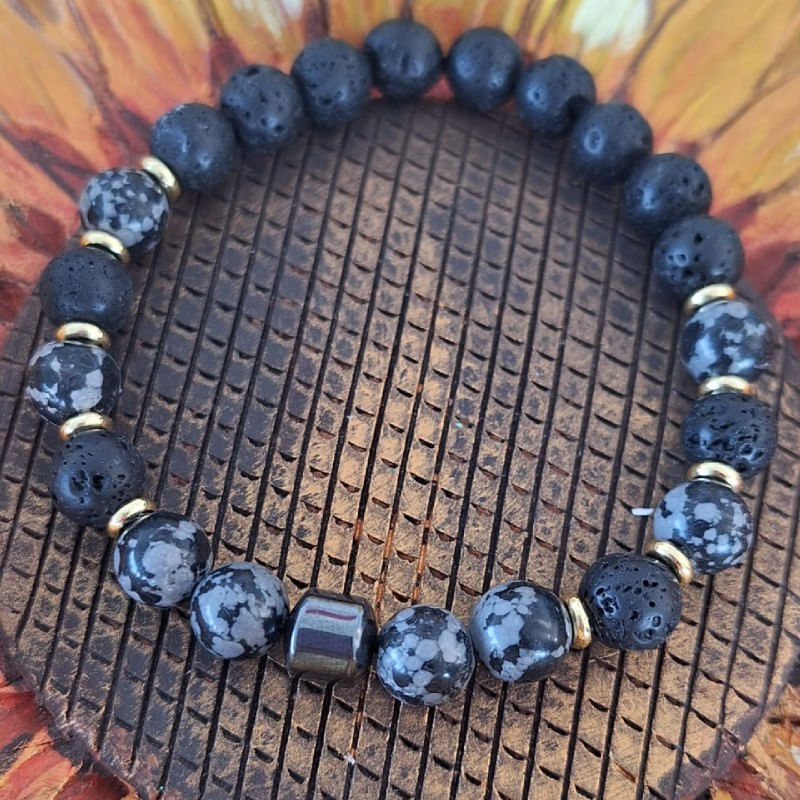 Fashion, accesorii si bijuterii - Barbati - Bijuterii barbati - Bratari barbati - Bratara barbati Jay din Hematit, Snow Flake Obsidian si Piatra de Lava, margele de 8mm - Infinity.ro