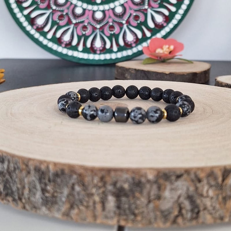 Fashion, accesorii si bijuterii - Barbati - Bijuterii barbati - Bratari barbati - Bratara barbati Jay din Hematit, Snow Flake Obsidian si Piatra de Lava, margele de 8mm - Infinity.ro