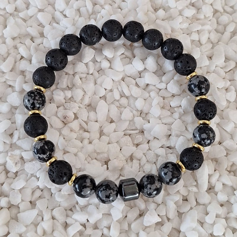 Fashion, accesorii si bijuterii - Barbati - Bijuterii barbati - Bratari barbati - Bratara barbati Jay din Hematit, Snow Flake Obsidian si Piatra de Lava, margele de 8mm - Infinity.ro