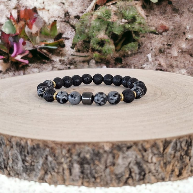 Fashion, accesorii si bijuterii - Barbati - Bijuterii barbati - Bratari barbati - Bratara barbati Jay din Hematit, Snow Flake Obsidian si Piatra de Lava, margele de 8mm - Infinity.ro