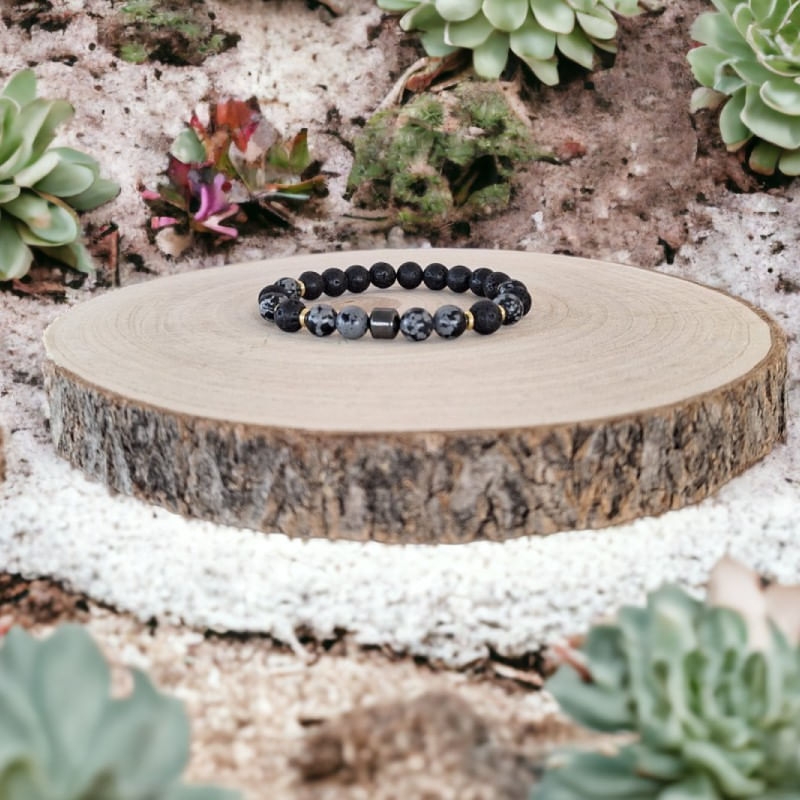 Fashion, accesorii si bijuterii - Barbati - Bijuterii barbati - Bratari barbati - Bratara barbati Jay din Hematit, Snow Flake Obsidian si Piatra de Lava, margele de 8mm - Infinity.ro