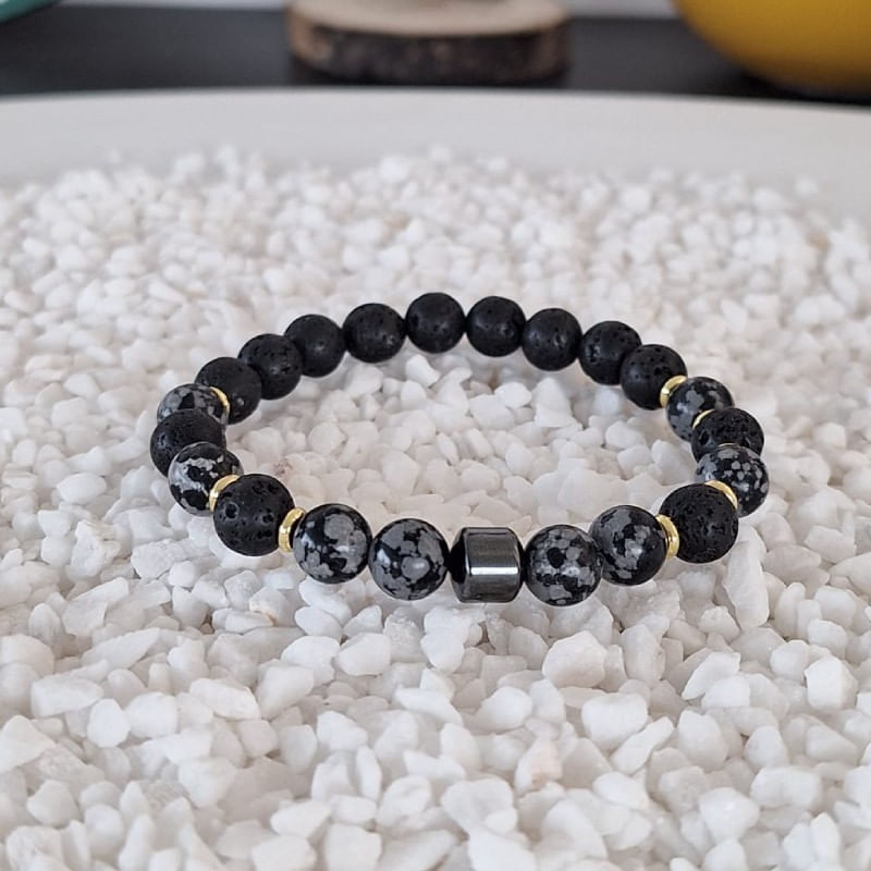 Fashion, accesorii si bijuterii - Barbati - Bijuterii barbati - Bratari barbati - Bratara barbati Jay din Hematit, Snow Flake Obsidian si Piatra de Lava, margele de 8mm - Infinity.ro