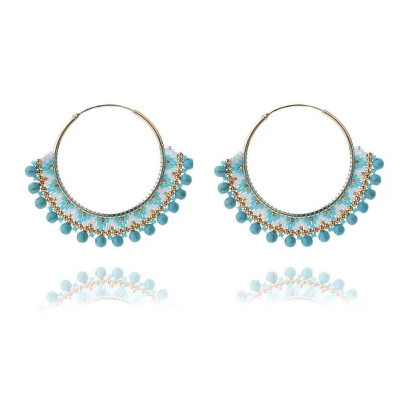 Fashion, accesorii si bijuterii - Femei - Bijuterii femei - Cercei femei - Cercei rotunzi Priya turcoaz confectionati manual din margele Miyuki, design boem - Infinity.ro
