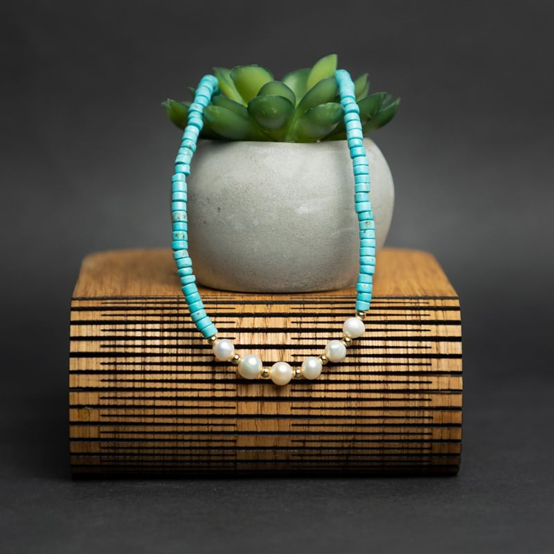 Fashion, accesorii si bijuterii - Femei - Bijuterii femei - Coliere femei - Colier choker turcoaz din piatra naturala Shoushan, Aisoon, cu perle de apa dulce placat cu aur de 18K - Infinity.ro