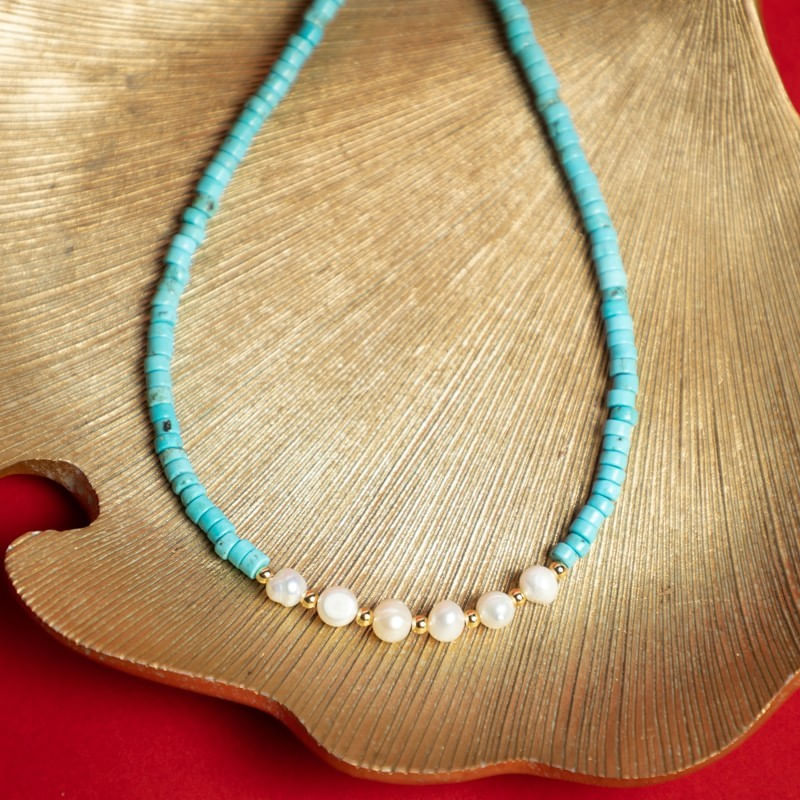 Fashion, accesorii si bijuterii - Femei - Bijuterii femei - Coliere femei - Colier choker turcoaz din piatra naturala Shoushan, Aisoon, cu perle de apa dulce placat cu aur de 18K - Infinity.ro