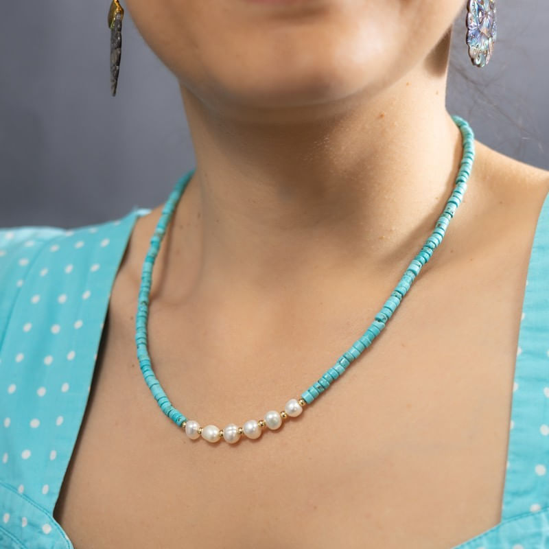 Fashion, accesorii si bijuterii - Femei - Bijuterii femei - Coliere femei - Colier choker turcoaz din piatra naturala Shoushan, Aisoon, cu perle de apa dulce placat cu aur de 18K - Infinity.ro