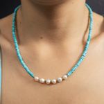 Fashion, accesorii si bijuterii - Femei - Bijuterii femei - Coliere femei - Colier choker turcoaz din piatra naturala Shoushan, Aisoon, cu perle de apa dulce placat cu aur de 18K - Infinity.ro