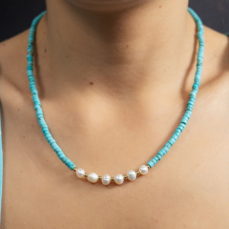 Fashion, accesorii si bijuterii - Femei - Bijuterii femei - Coliere femei - Colier choker turcoaz din piatra naturala Shoushan, Aisoon, cu perle de apa dulce placat cu aur de 18K - Infinity.ro