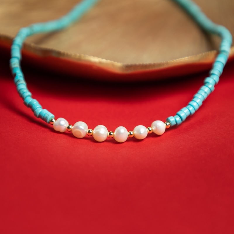 Fashion, accesorii si bijuterii - Femei - Bijuterii femei - Coliere femei - Colier choker turcoaz din piatra naturala Shoushan, Aisoon, cu perle de apa dulce placat cu aur de 18K - Infinity.ro