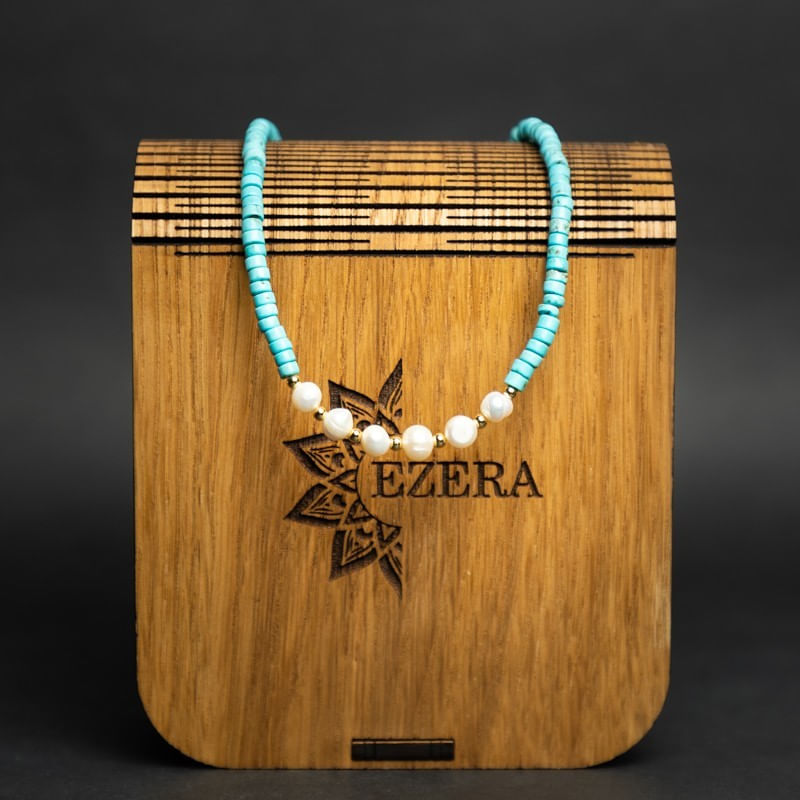 Fashion, accesorii si bijuterii - Femei - Bijuterii femei - Coliere femei - Colier choker turcoaz din piatra naturala Shoushan, Aisoon, cu perle de apa dulce placat cu aur de 18K - Infinity.ro