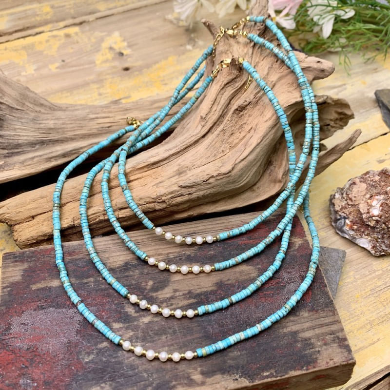 Fashion, accesorii si bijuterii - Femei - Bijuterii femei - Coliere femei - Colier choker turcoaz din piatra naturala Shoushan, Aisoon, cu perle de apa dulce placat cu aur de 18K - Infinity.ro