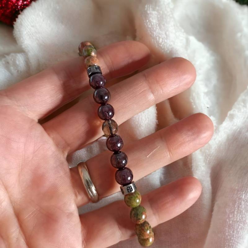 Fashion, accesorii si bijuterii - Barbati - Bijuterii barbati - Bratari barbati - Bratara barbati snur Clyde din cristale de Granat, Unakit, Moss Agate, Cuart Fumuriu - Infinity.ro