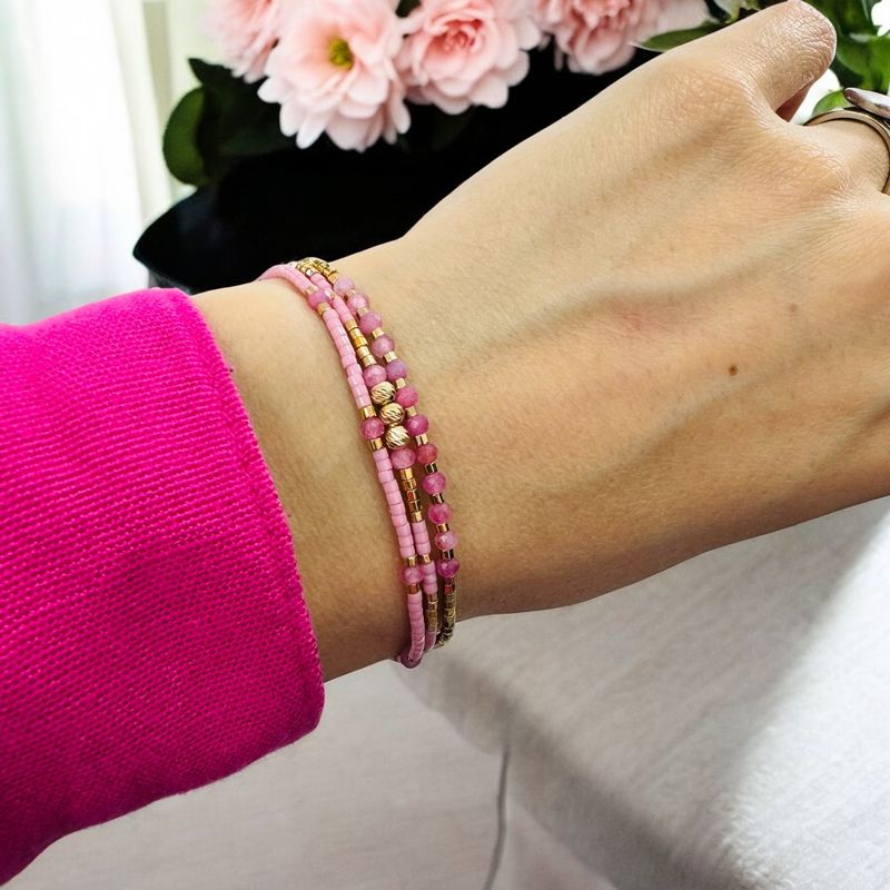 Fashion, accesorii si bijuterii - Femei - Bijuterii femei - Bratari femei - Bratara handmade roz snur 3 straturi Paty cu Miyuki si Turmalina Roz cu argint placat cu aur - Infinity.ro