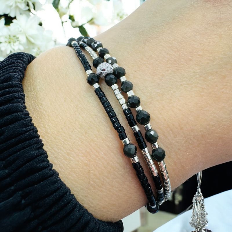 Fashion, accesorii si bijuterii - Femei - Bijuterii femei - Bratari femei - Bratara snur negru-argintiu Elysia 3 straturi Miyuki si Obsidian cu argint 925 - Infinity.ro