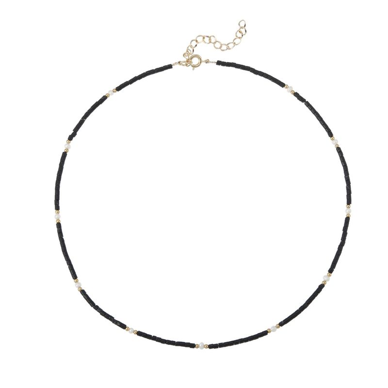 Fashion, accesorii si bijuterii - Femei - Bijuterii femei - Coliere femei - Colier Choker Lenny din cristale de Agat Negru si Perle Naturale, placat cu aur - Infinity.ro