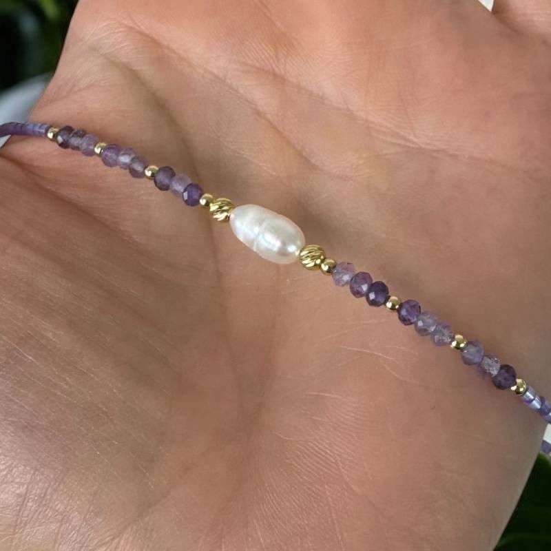 Fashion, accesorii si bijuterii - Femei - Bijuterii femei - Coliere femei - Colier choker Elina din margele Miyuki mov cu cristale de Ametist si argint placat cu aur 925 - Infinity.ro