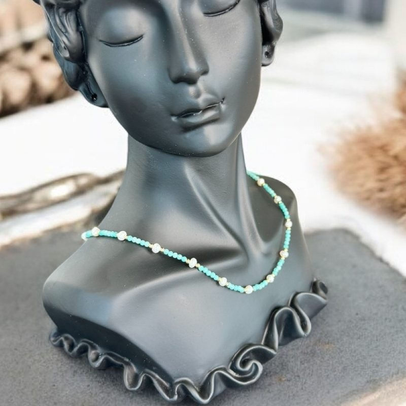 Fashion, accesorii si bijuterii - Femei - Bijuterii femei - Coliere femei - Colier Boho din pietre de Amazonit si Perle naturale, Bono, din cupru placat cu aur - Infinity.ro